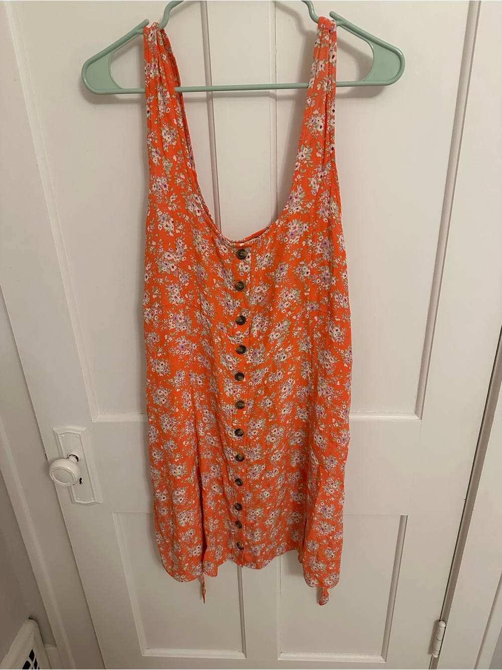 Women's American Eagle Orange Floral Mini Dress Button and Tie Details